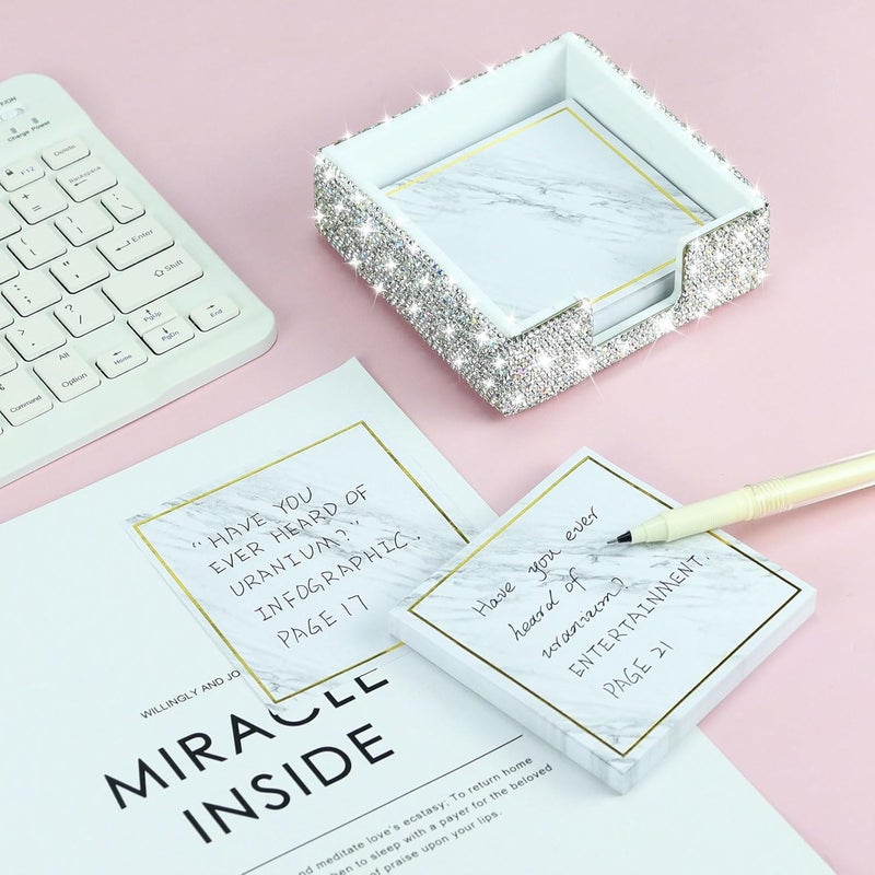 Buqoo Rhinestone Note Holder, Post It Note Dispenser Desk Organizer 4 x 4 Inches, Bling Postit Note Dispenser Post It Note Holder for Home Desk Office Supplies (Silver) - Image 2
